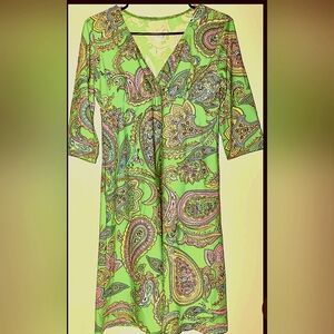 Fitted Upper, Criss Cross V neck, Vibrant Summer Dress Size L (12 - 14)